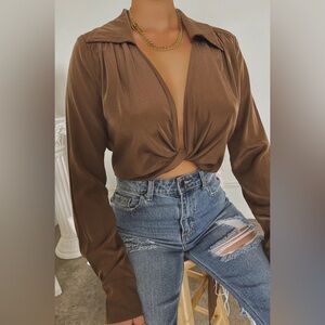 Miss Lola INIZA LONG SLEEVE COLLAR WRAP TOP - BROWN Size Small NWT